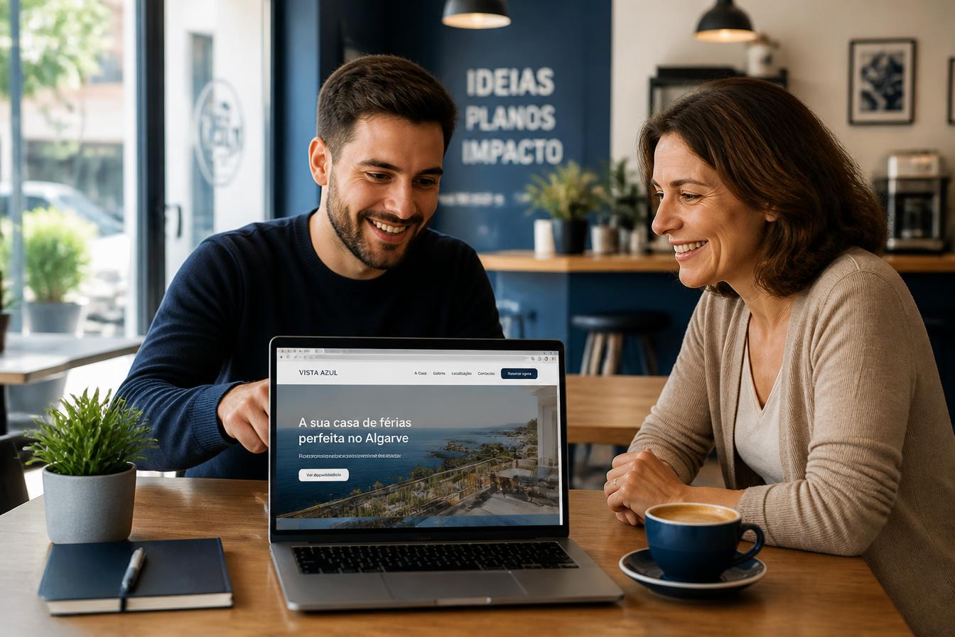 Freelancer a apresentar uma aplicação e site profissional a uma empresária local num ambiente acolhedor