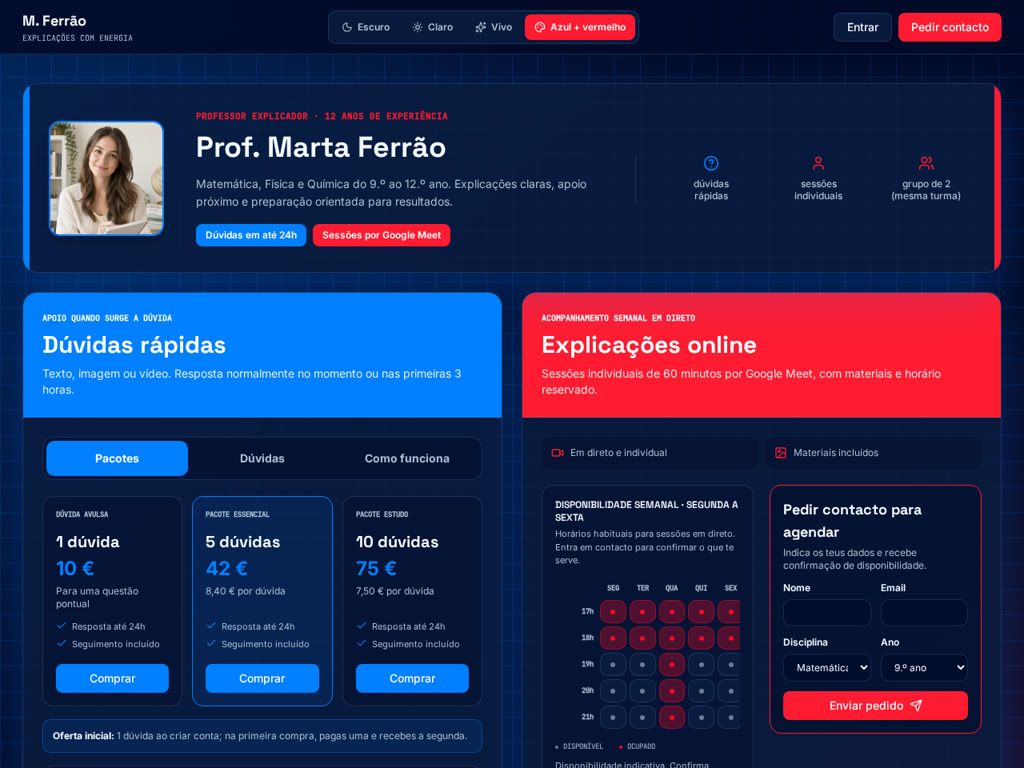 Exemplo de site para Explicações e ensino: Sessões Já — Azul + vermelho